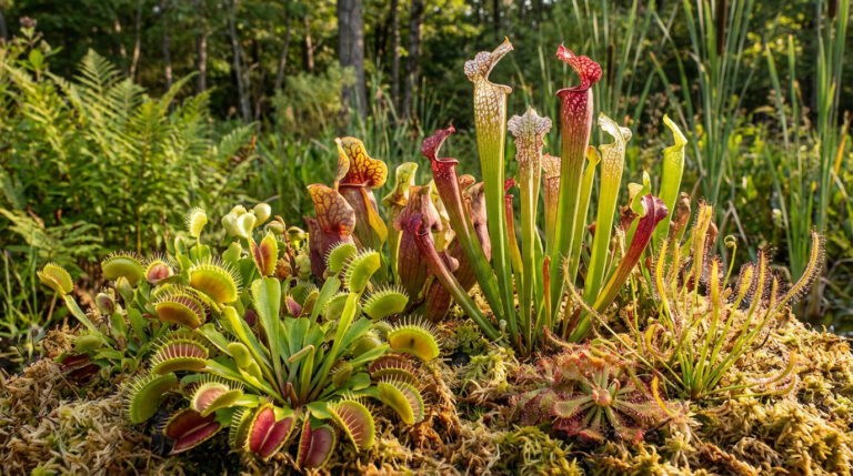 Vue rapprochée d'un groupe de plantes carnivores extérieures (dionées, sarracénies, droseras) dans un environnement naturel.