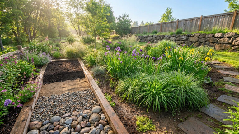 Jardin ensoleillé avec un lit de drainage en gravier, sable et terre, entouré de fleurs luxuriantes et verdure.