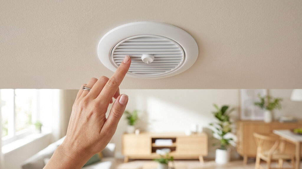 Main ajustant une bouche de ventilation VMC au plafond dans une pièce lumineuse avec mobilier moderne en arrière-plan.