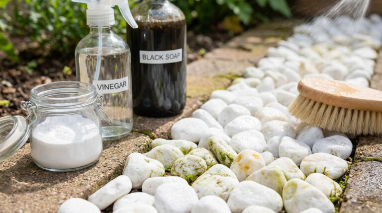 Photo de fournitures écologiques (vinaigre, savon noir, bicarbonate) et brosse pour nettoyer des cailloux blancs ternis.
