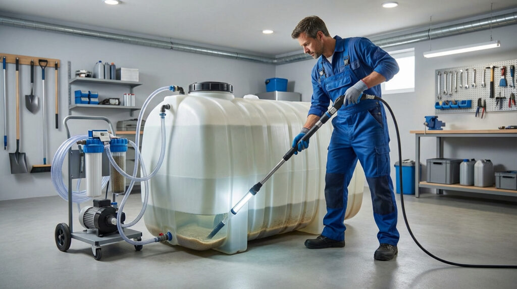 Technicien en bleu nettoyant l'intérieur d'une cuve à fioul avec un outil lumineux et une station de filtration.