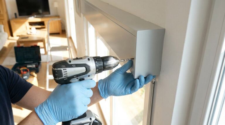 Main gantée de bleu perçant un coffre de volet roulant gris avec une perceuse sans fil. Contexte de bricolage ou installation.