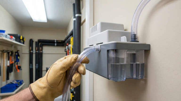 Une main gantée connecte un tuyau transparent à une pompe de relevage de climatisation murale, avec un réservoir d'eau visible.