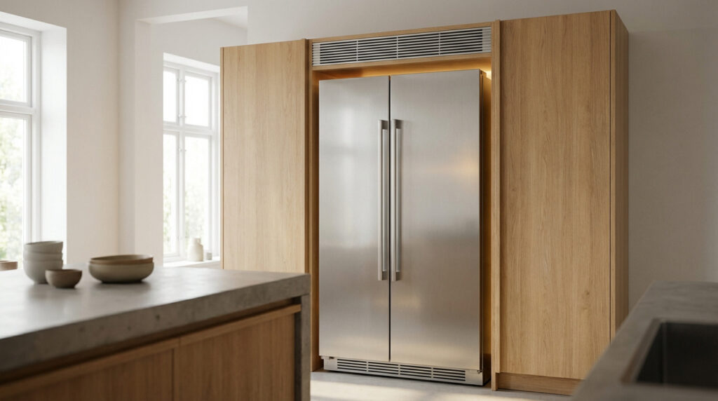 Cuisine moderne avec un grand réfrigérateur double porte en inox encastré dans un meuble en bois clair. Des aérations sont visibles.