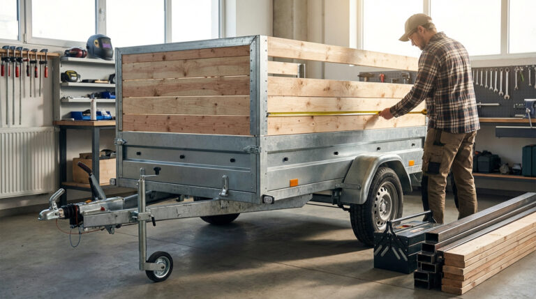 Un homme mesure une rehausse en bois pour une remorque utilitaire dans un atelier de bricolage lumineux.