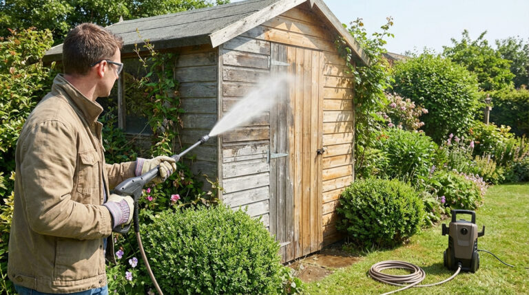 Homme avec lunettes et gants décape un abri de jardin en bois vieilli avec un nettoyeur haute pression. L'appareil est au sol.