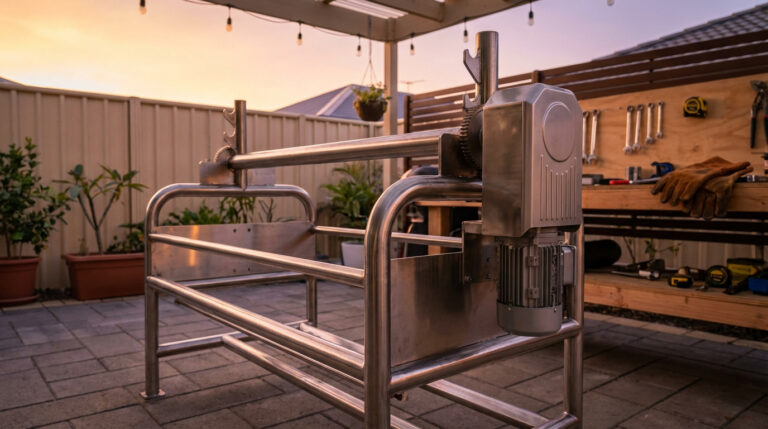 Grand tourne-broche méchoui en acier inoxydable avec moteur sur une terrasse pavée au coucher du soleil, outils en arrière-plan.