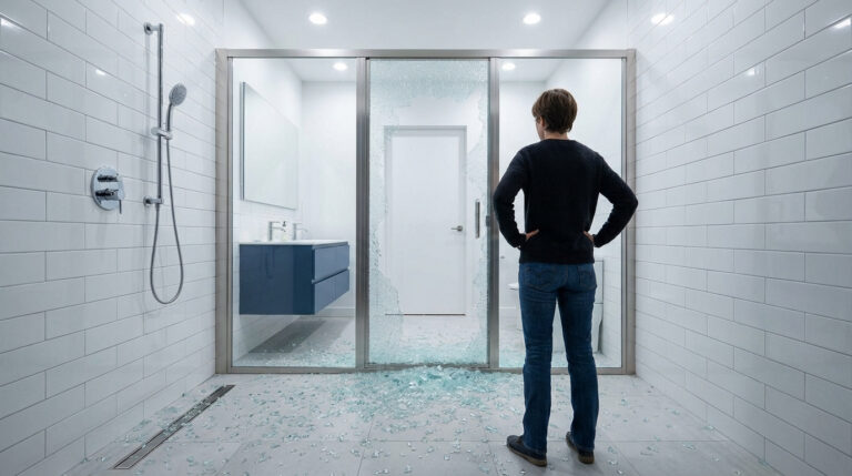 Une personne vue de dos devant une porte de douche en verre brisée, des éclats couvrent le sol d'une salle de bain moderne.