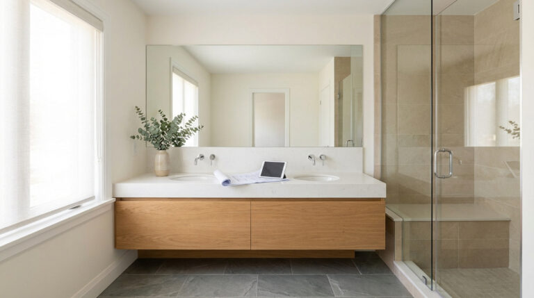 Salle de bain moderne et lumineuse avec double vasque en bois clair, grand miroir, plans et tablette, et douche à l'italienne carrelée en beige.