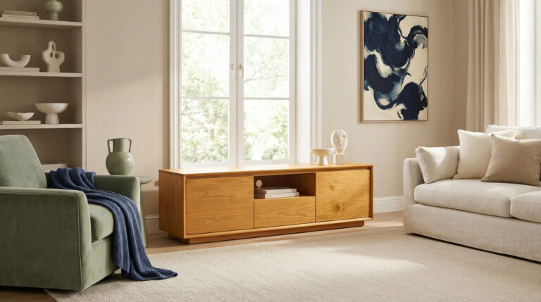 Salon moderne et lumineux avec meuble en pin miel. Fauteuil vert, canapé clair, tableau abstrait bleu et accessoires neutres.