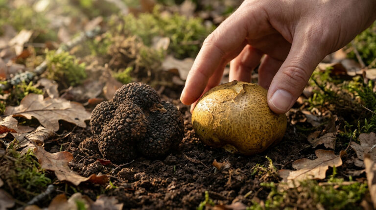 Une main s'apprête à ramasser un scléroderme citrin, posé à côté d'une truffe noire sur le sol forestier. Risque de confusion.