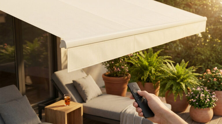 Main ajustant un store banne beige sur une terrasse ensoleillée via une télécommande noire. Chaises longues et plantes en pots.