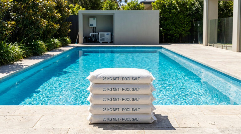 Cinq sacs de sel de piscine de 25 kg empilés au bord d'une piscine bleue. À l'arrière-plan, un local technique.