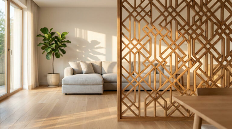 Cloison ajourée en bois aux motifs géométriques séparant un salon lumineux avec canapé, plante et fenêtre. Ambiance naturelle.