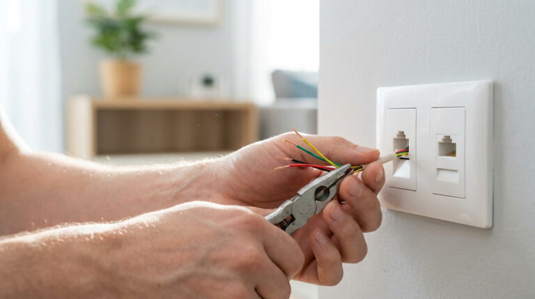 Gros plan sur des mains raccordant un câble téléphonique dénudé à une prise murale double RJ45 à l'aide d'une pince.