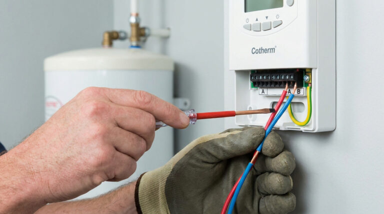 Une personne connecte des fils (rouge, bleu, jaune/vert) à un thermostat Cotherm avec un tournevis, un chauffe-eau en arrière-plan.