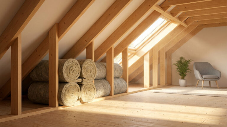 Combles aménagés en bois clair avec rouleaux d'isolation, puits de lumière, fauteuil gris et plante verte. Ambiance lumineuse.