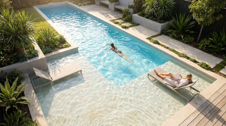 Vue aérienne d'une piscine moderne avec couloir de nage et plage immergée. Une femme nage, l'autre lit sur un transat.