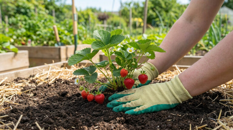 Mains gantées plantant un fraisier remontant avec fraises mûres et fleurs blanches dans un sol paillé d'un jardin ensoleillé.