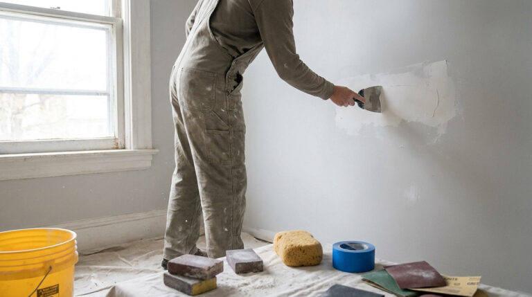 Personne en salopette appliquant de l'enduit sur un mur avec une spatule, près d'outils de ponçage et une fenêtre.