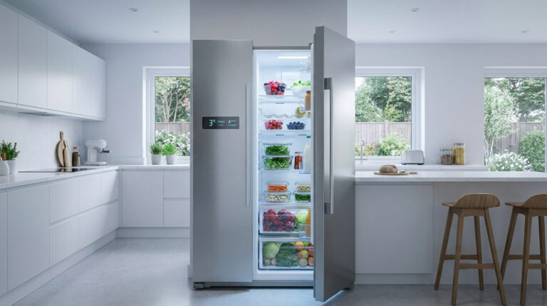 Cuisine blanche et moderne avec un grand réfrigérateur américain en inox, dont la porte est ouverte, révélant des aliments frais et colorés.