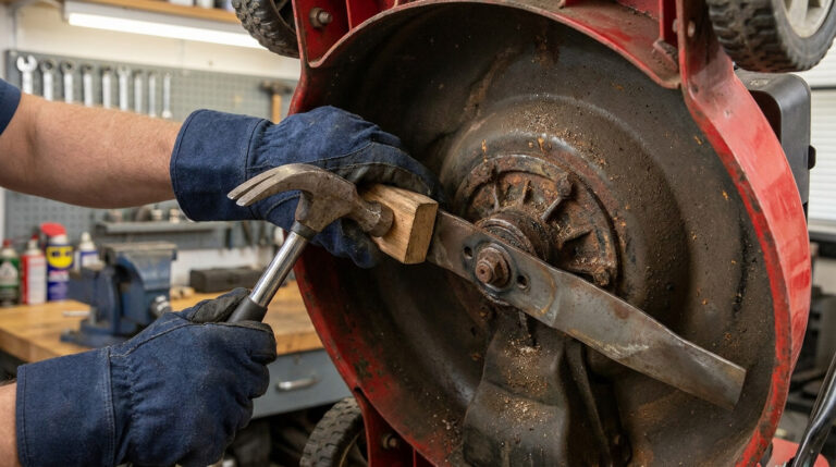 Personne gantée utilisant un marteau et une cale en bois pour déloger un support de lame rouillé d'une tondeuse rouge.