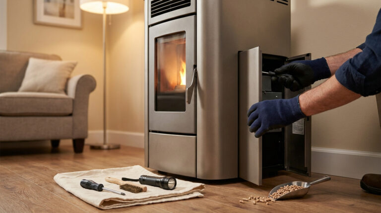 Mains gantées réparent un poêle à granulés avec un tournevis. Outils de nettoyage et granulés sur le plancher en bois.