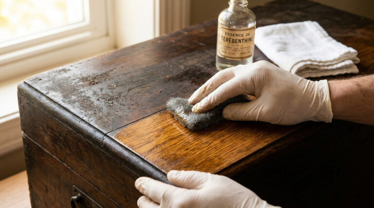 Mains gantées nettoyant un vieux meuble en bois avec de la laine d'acier et de l'essence de térébenthine, révélant le bois clair.