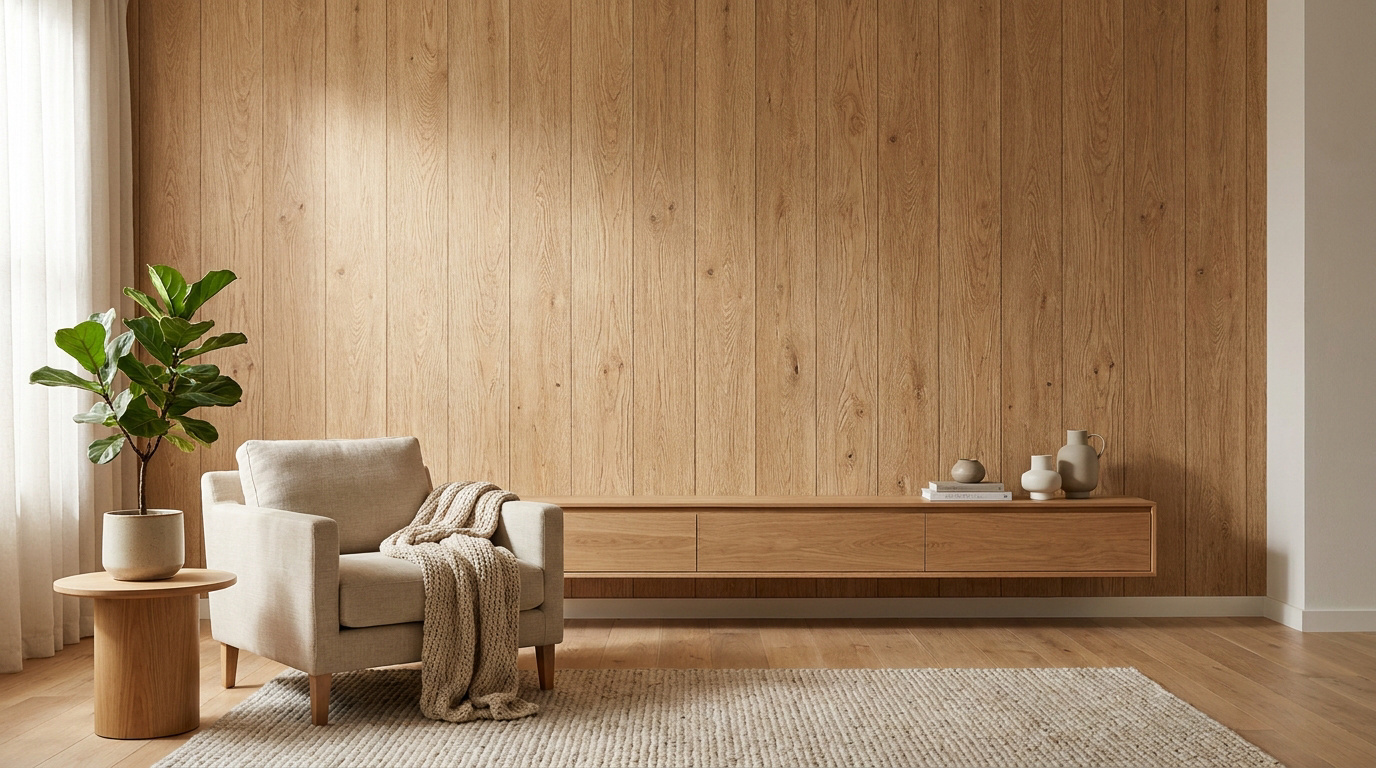 Salon moderne avec mur en bois clair, fauteuil beige, plante verte et meuble suspendu en bois.