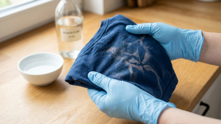 Personne en gants bleus inspectant un t-shirt bleu décoloré avec des motifs abstraits. Bol et bouteille en arrière-plan.