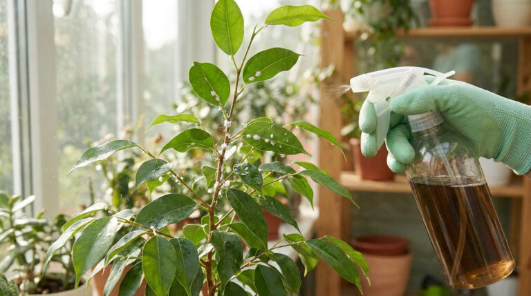 Une main gantée pulvérise une solution de savon noir sur une plante d'intérieur infestée de cochenilles farineuses.