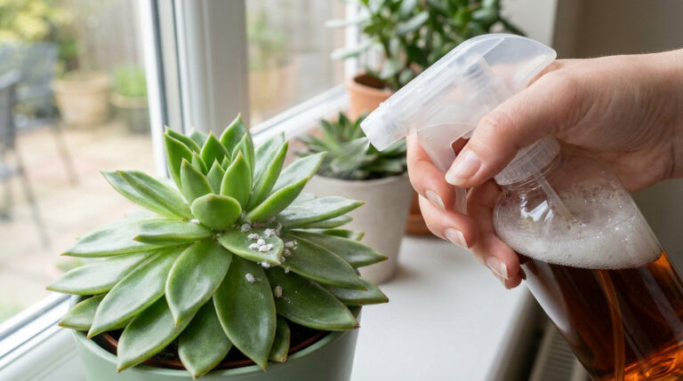 Une main pulvérise une solution de savon noir sur une plante grasse envahie de cochenilles blanches, posée sur un rebord de fenêtre.