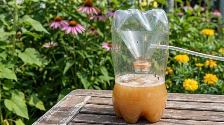 Piège à moustiques fabriqué à partir d'une bouteille en plastique coupée, placé sur une table en bois dans un jardin.