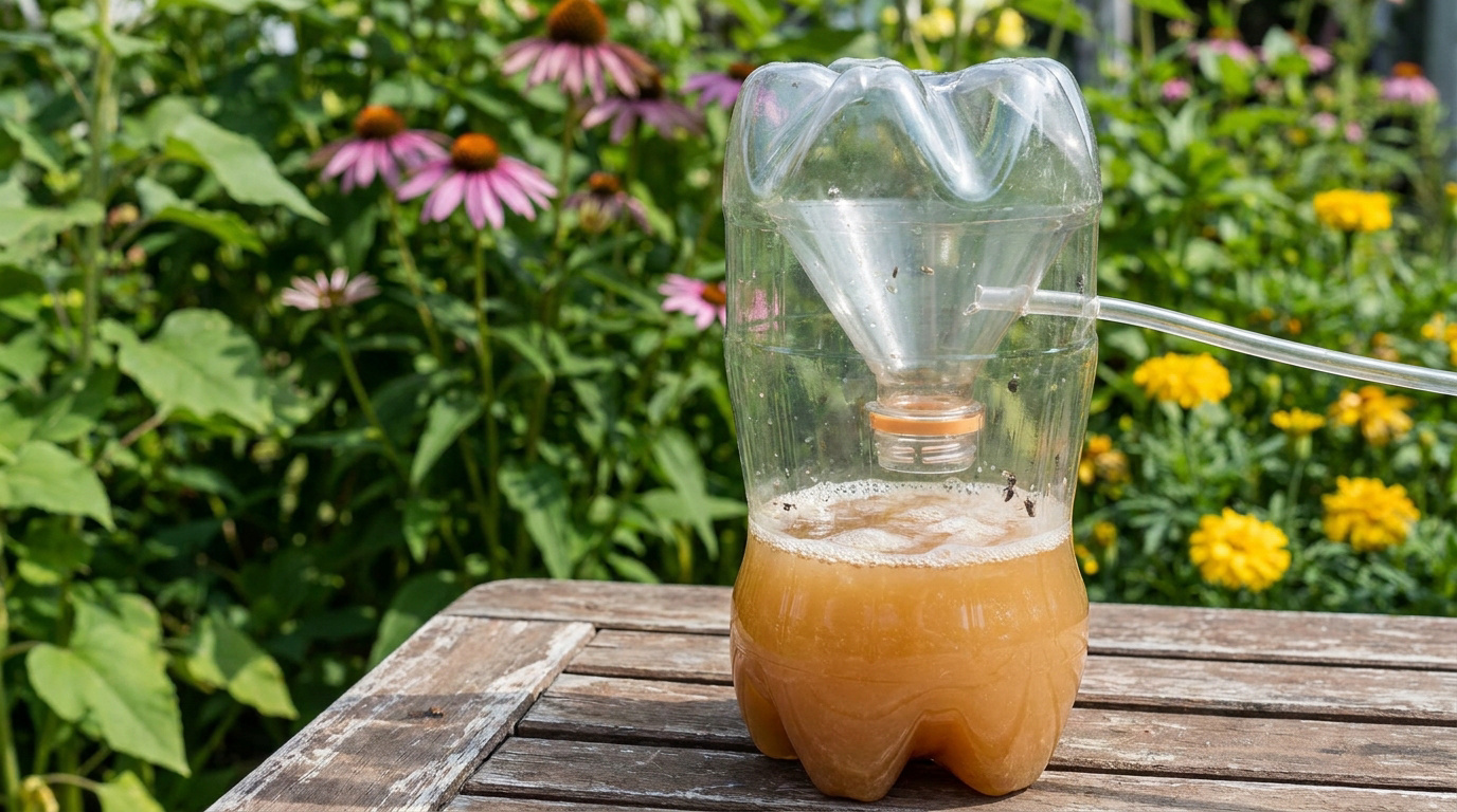 Piège à moustiques fabriqué à partir d'une bouteille en plastique coupée, placé sur une table en bois dans un jardin.