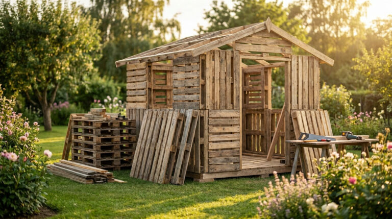 Cabane en cours de construction avec des palettes en bois dans un jardin ensoleillé.