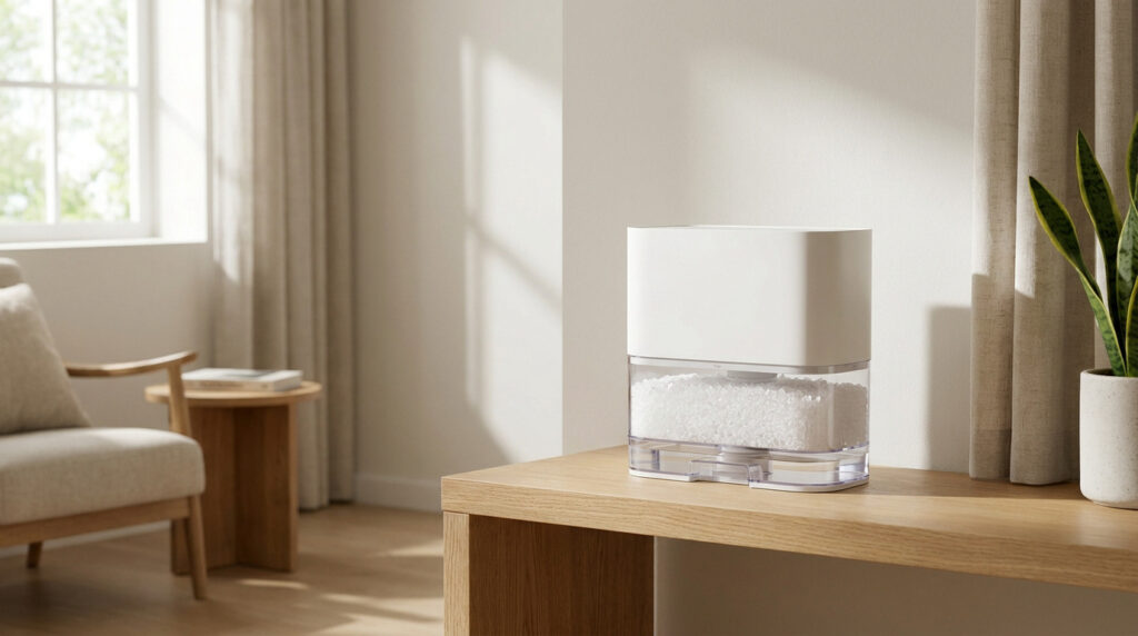 Un bac anti-humidité blanc et transparent posé sur une console en bois dans un salon lumineux et épuré.