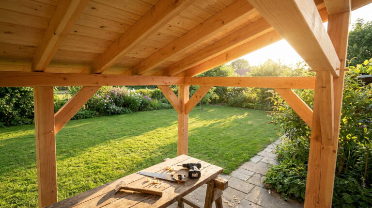 Établi en bois avec des outils sous un appenti en construction donnant sur un jardin verdoyant au soleil.
