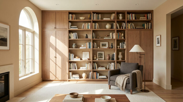 Salon élégant avec une grande bibliothèque en bois sur mesure, un fauteuil gris et une fenêtre cintrée.