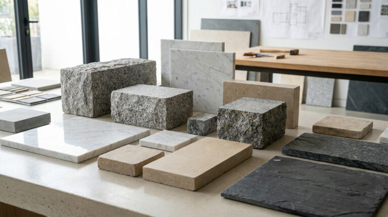 Échantillons de pierres, marbres et ardoises disposés sur une table dans un bureau d'architecte.