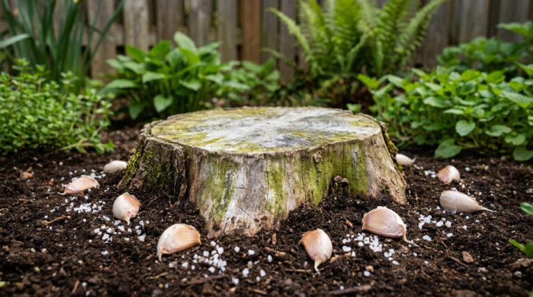 Une souche d'arbre entourée de gousses d'ail et de gros sel dans un jardin.