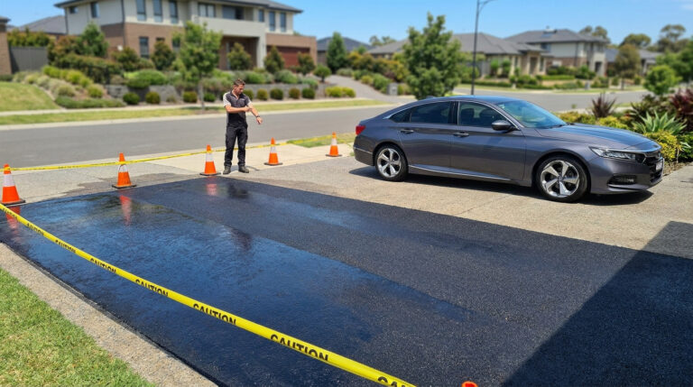 Un technicien surveille une nouvelle allée en asphalte fraîchement posée, délimitée par des cônes et un ruban de sécurité.
