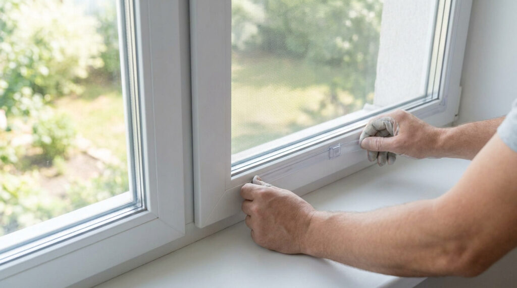 Gros plan sur des mains fixant une moustiquaire sur le cadre d'une fenêtre en PVC sans utiliser de perçage.