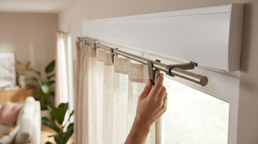 Une main installe une tringle à rideau métallique sur un caisson de fenêtre sans utiliser de perceuse.