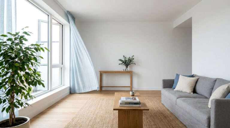 Rideaux légers bougeant devant une fenêtre ouverte dans un salon moderne et minimaliste avec une plante verte.