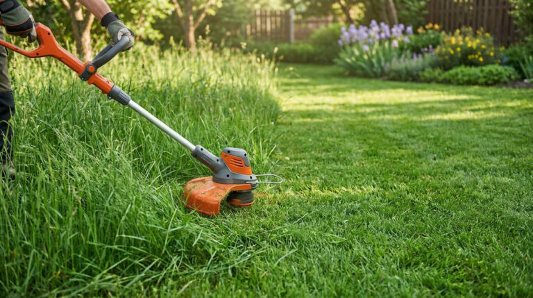 Personne utilisant un coupe-bordures orange pour couper de l'herbe haute près d'une pelouse bien entretenue.