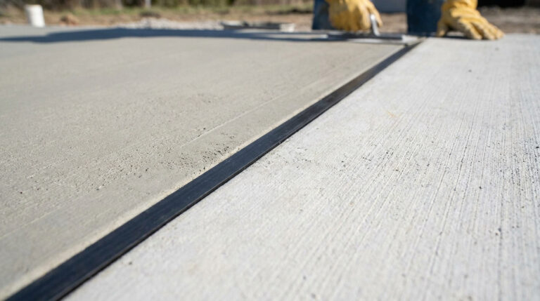 Ouvrier installant un joint de désolidarisation noir dans une dalle en béton frais.