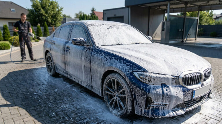 Une voiture bleue couverte de mousse nettoyante blanche dans une station de lavage avec un technicien en arrière-plan.
