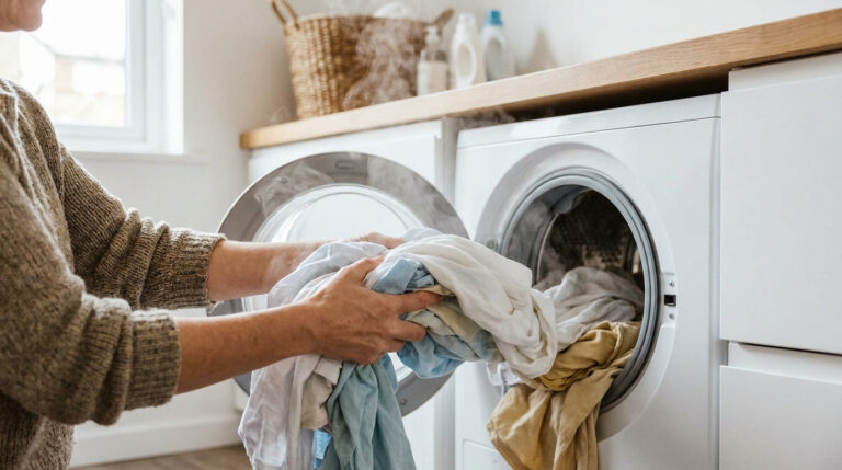 Une personne sort du linge fumant et chaud d'un lave-linge dans une buanderie lumineuse.