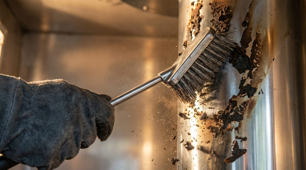Une main gantée utilise une brosse métallique pour gratter les dépôts de bistre sur un conduit de cheminée en inox.