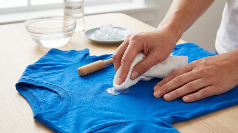 Une personne nettoie une tache de silicone sur un t-shirt bleu avec un chiffon blanc sur une table en bois.